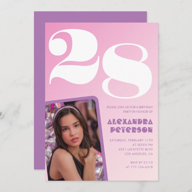 Pink 28th birthday invitations Retro Photo (Front/Back)