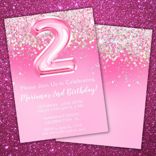 Pink 2nd Birthday Invitation Girly Pink Glitter