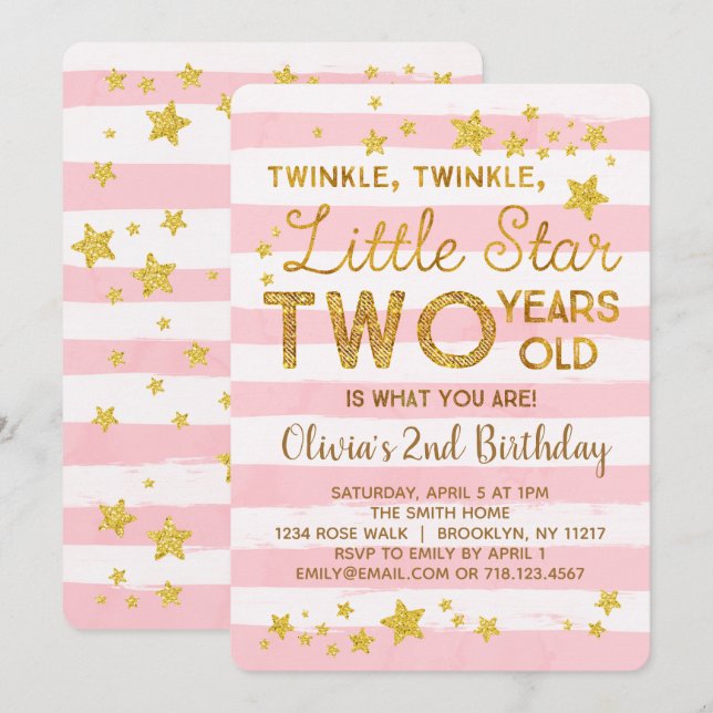 Pink 2nd Birthday Invitation Twinkle Little Star (Front/Back)