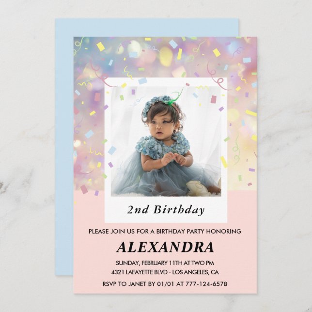 Pink 2nd birthday invitations Confetti Photo  (Front/Back)