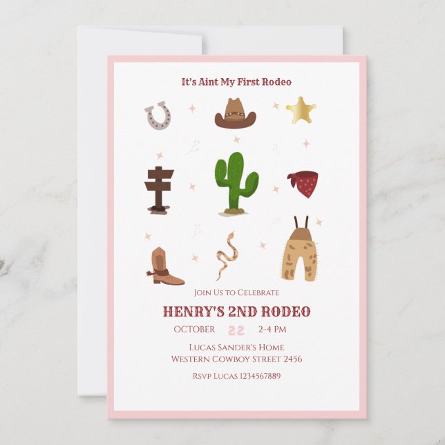 Pink 2nd Rodeo Cowboy Kids Birthday  Invitation (Front)