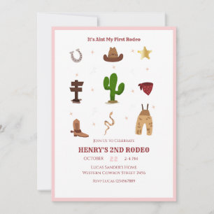 Pink 2nd Rodeo Cowboy Kids Birthday  Invitation