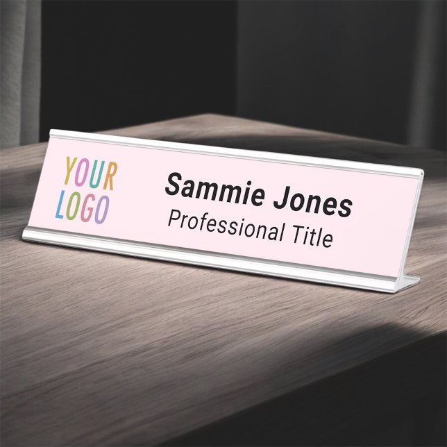 Pink 2x8 Desk Name Plate Company Logo Changeable (MISOOK Pink Name Plate with Logo)