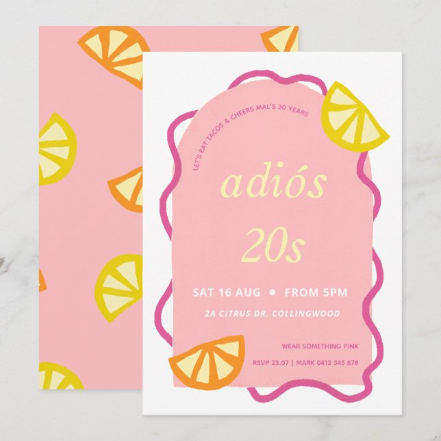 Pink 30th Birthday Mexican Adios 20s Party Invitation (Front/Back)
