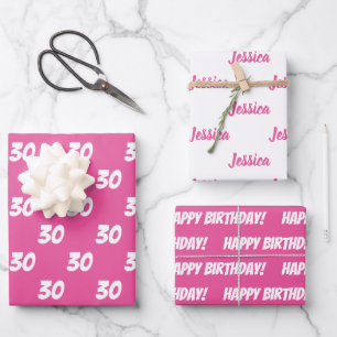 PINK 30th Happy Birthday Custom Name Wrapping Paper Sheet