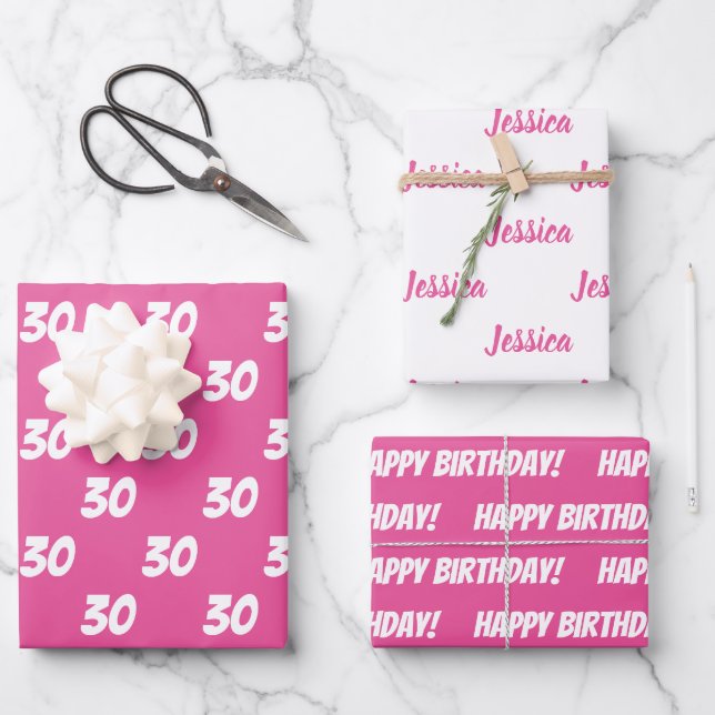 PINK 30th Happy Birthday Custom Name Wrapping Paper Sheet (Front)