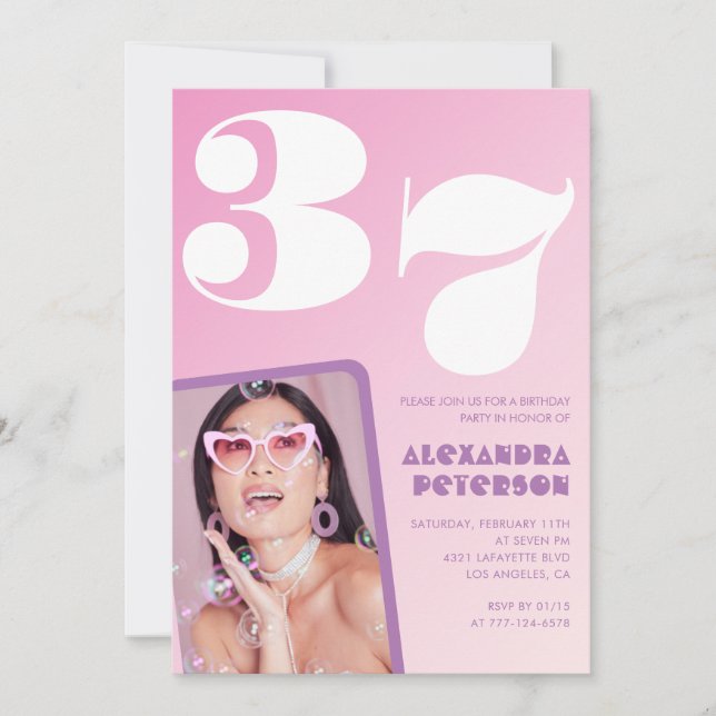 Pink 37th birthday invitations Retro Photo (Front)
