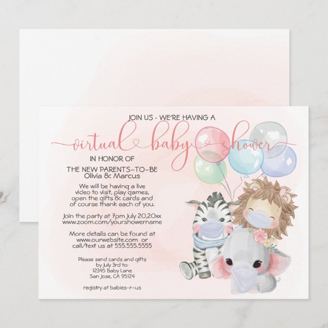 Pink 3 Cute Animals in Masks Virtual Baby Shower Invitation (Front/Back)