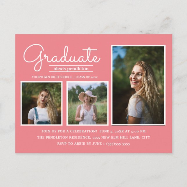 Pink 3-Photo Graduation Party Postcard (Front)
