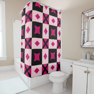 Pink 3 tone checkered shower curtain