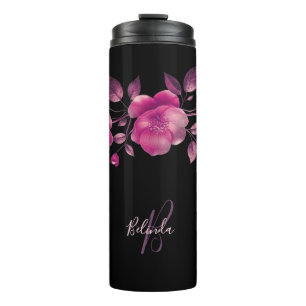Pink 3D Cherry Blossoms Black Name Monogram   Thermal Tumbler