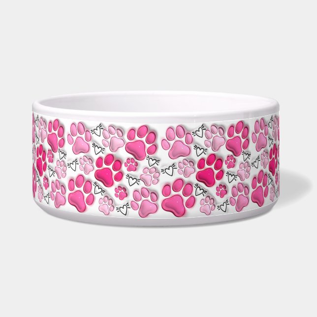 Pink 3D Paw Prints and Hearts Cat Dog Water Food  (Front)