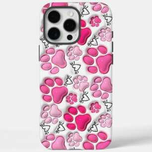 Pink 3D Paw Prints and Hearts iPhone 16 Tough iPhone 16 Pro Max Case