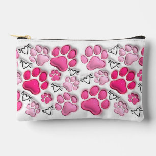 Pink 3D Paw Prints and Hearts Makeup Accessory Pouch