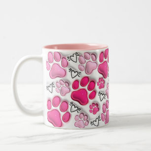 Pink 3D Paw Prints and Hearts  Two-Tone Coffee Mug