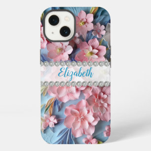 Pink 3D primroses, diamond frame custom iPhone 13 Case