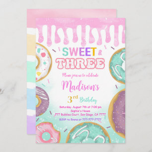Pink 3rd Birthday Doughnut Party Invitation