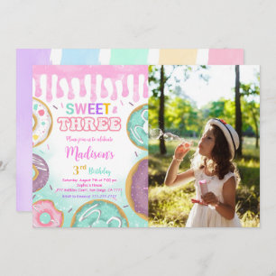 Pink 3rd Birthday Doughnut Party Photo Invitation