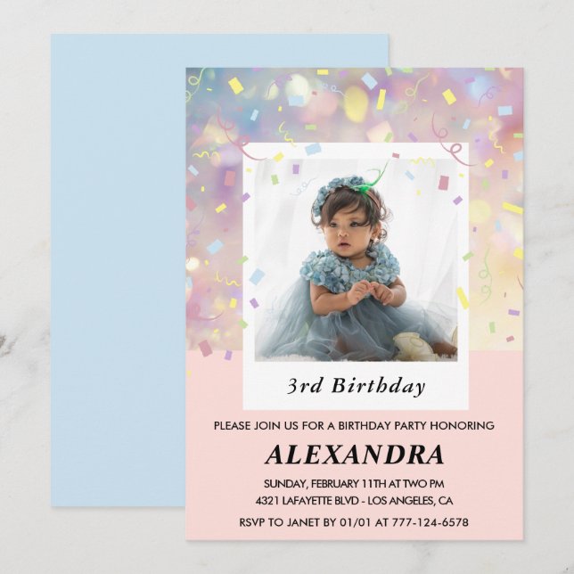 Pink 3rd birthday invitations Confetti Photo  (Front/Back)