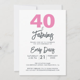 Pink 40 and Fabulous   40th Birthday Party Invitation