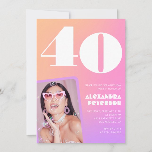 Pink 40th birthday invitations Retro Photo (Front)