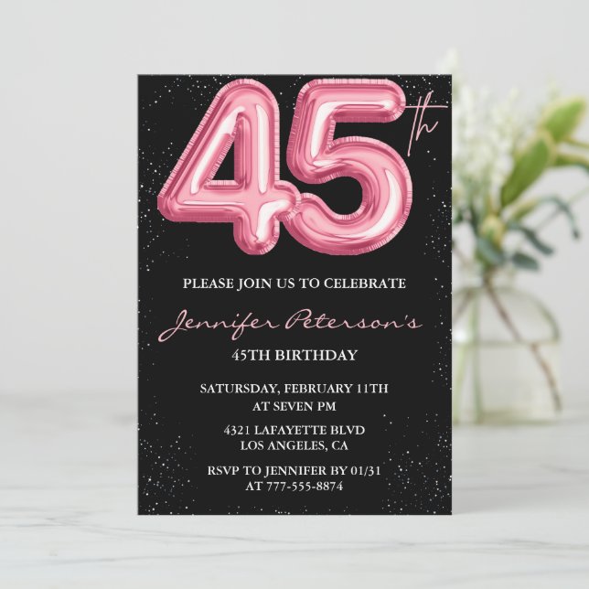 Pink 45th birthday invitations Balloon Glam Black (Standing Front)
