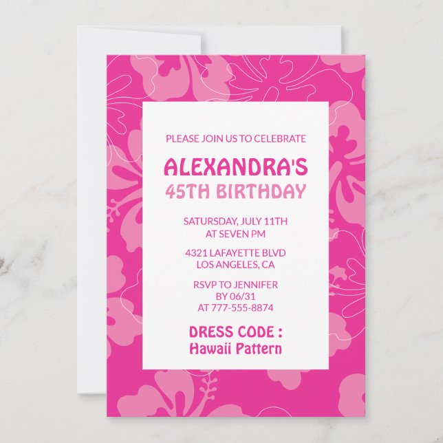 Pink 45th birthday invitations Tropical Hawaii (Front)