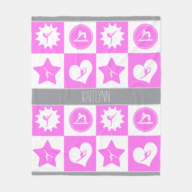 Pink 4 Squares Gymnastics with Monogram Fleece Blanket (Front)