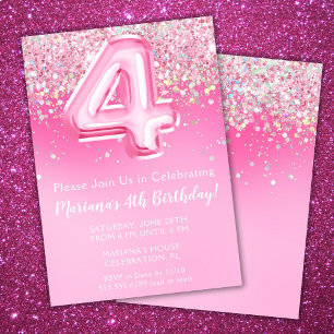 Pink 4th Birthday Invitation Girly Pink Glitter