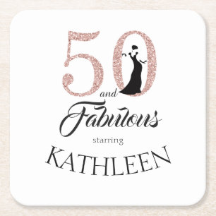 Pink 50 and Fabulous Birthday Party Custom Name Square Paper Coaster