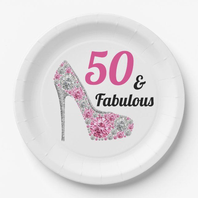 Pink 50 and Fabulous Birthday Party Paper Plate (Front)