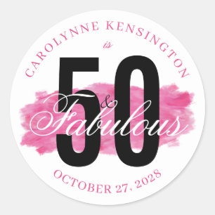 Pink 50 and Fabulous Watercolor Birthday Classic Round Sticker