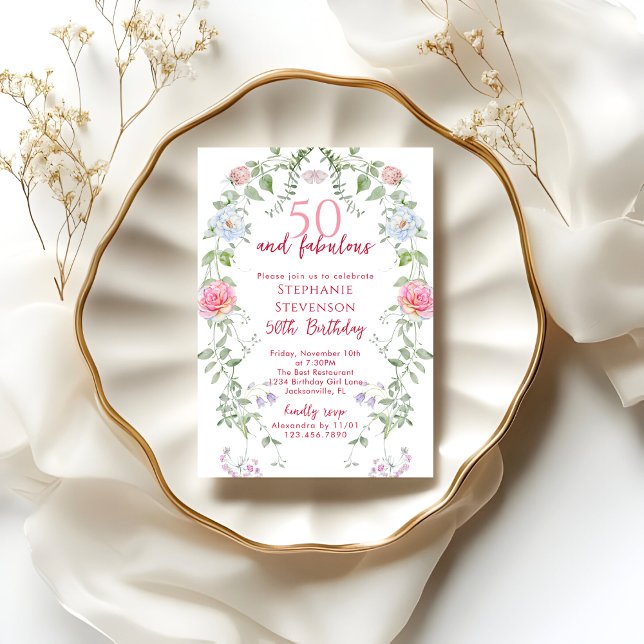 Pink 50 & Fabulous 50th Birthday Garden Tea Party Invitation (Creator Uploaded)
