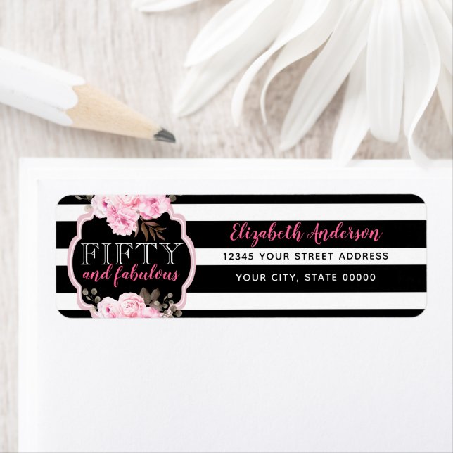 Pink 50 & Fabulous Floral Black & White Stripe (Insitu)