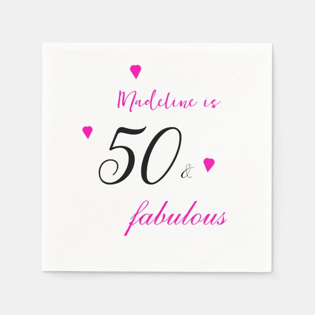 Pink 50 fabulous hearts typography 50th birthday napkin (Front)
