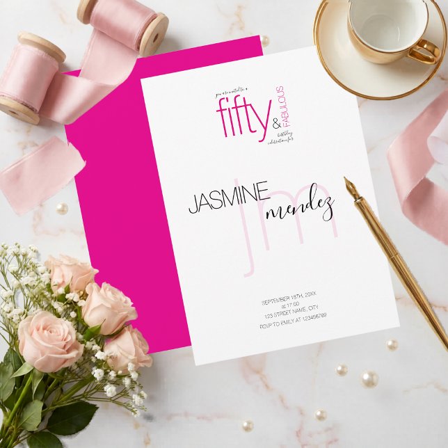 Pink 50 & Fabulous Monogram modern Birthday  Invitation (Creator Uploaded)