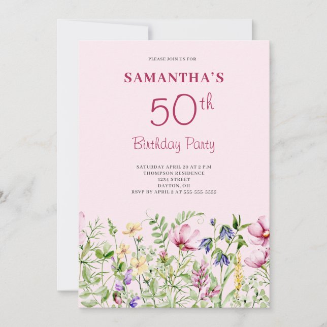 Pink 50th Birthday Floral Invitation (Front)