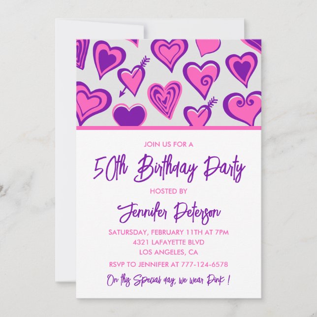 Pink 50th birthday invitations Glam Heart (Front)