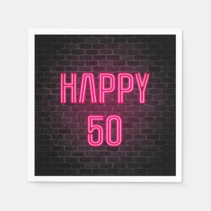 Pink 50th Birthday neon sign on brick wall Napkin