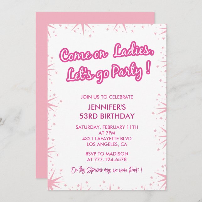 Pink 53rd birthday invitations Sparkle Girl  (Front/Back)