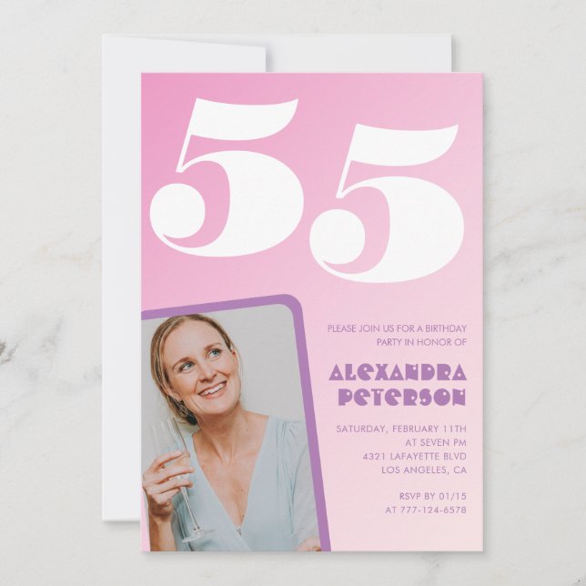 Pink 55th birthday invitations Retro Photo (Front)