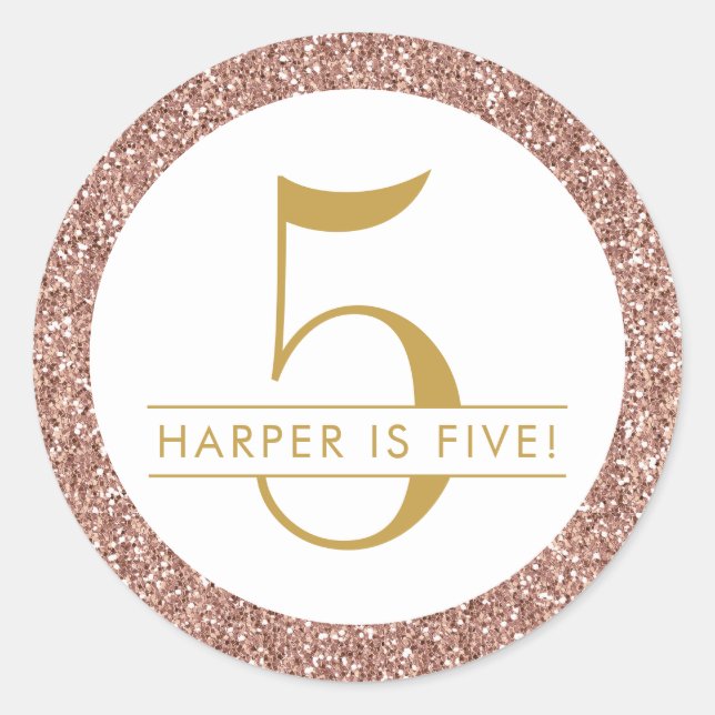Pink 5th Birthday Rose Gold Glitter Favour Classic Round Sticker (Front)
