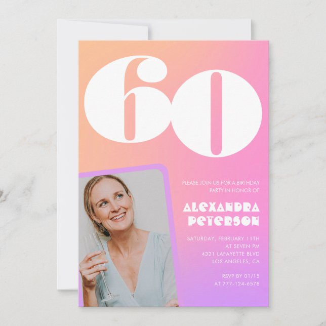 Pink 60th birthday invitations for her Retro Photo (Front)