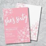 Pink 60th Birthday Party Invitation<br><div class="desc">Elegant Sixty Pink 60th Birthday Party Invitation. A fun but elegant 60th birthday party invitation with girly pink and white flowers for the young at heart. A playful flower pattern frames a script typography "she's sixty" mixed with a more classic serif font. Celebrate sixty years of life with this beautiful...</div>