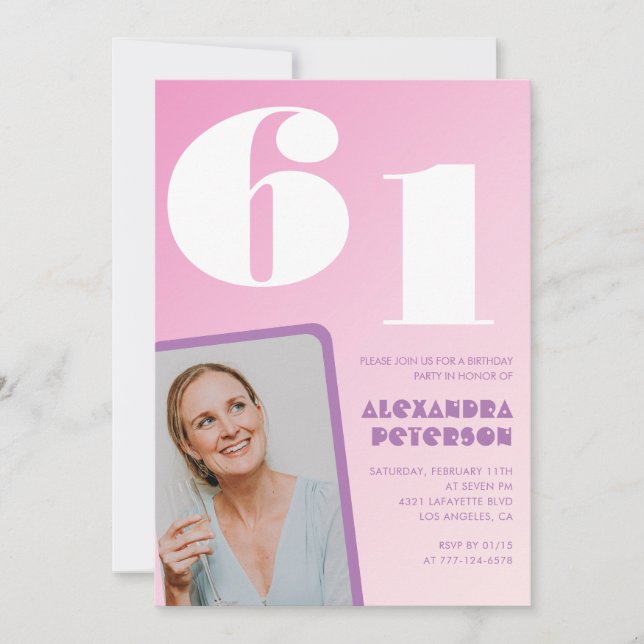 Pink 61st birthday invitations Retro Photo (Front)