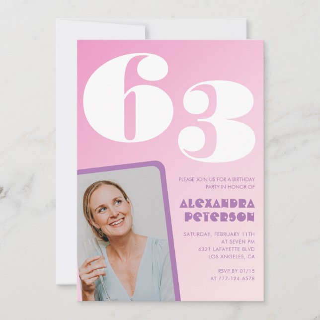 Pink 63rd birthday invitations Retro Photo (Front)