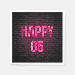 Pink 65th Birthday neon sign on brick wall Napkin