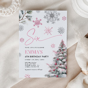 Pink 6th Birthday Invitation, Winter Six Birthday Invitation