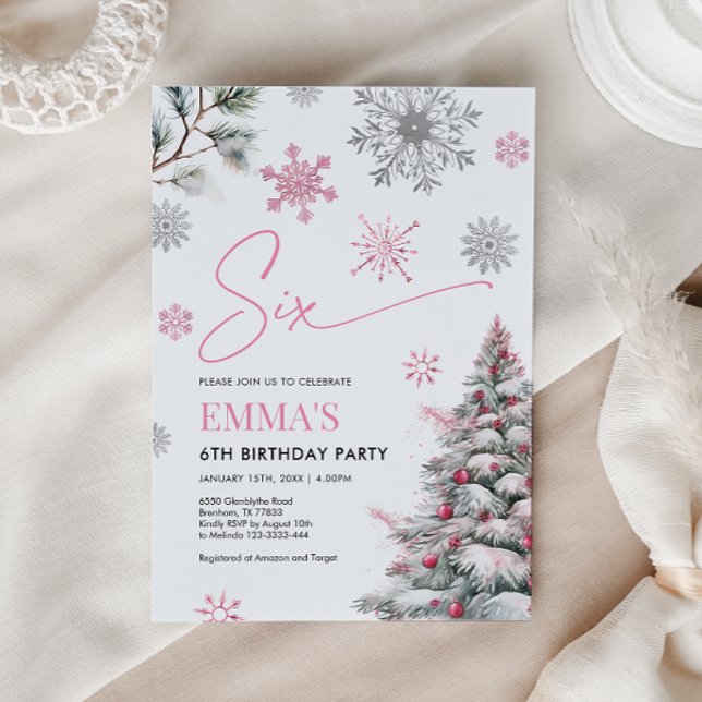 Pink 6th Birthday Invitation, Winter Six Birthday  Invitation (Creator Uploaded)