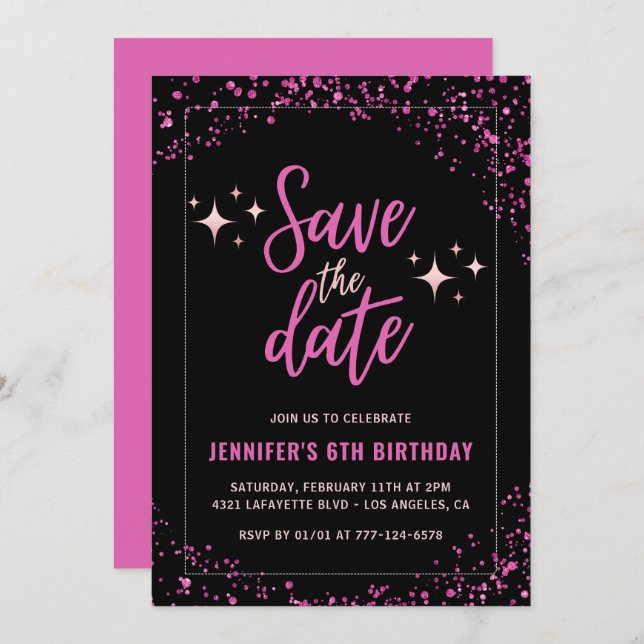 Pink 6th birthday invitations Save the date Glam (Front/Back)